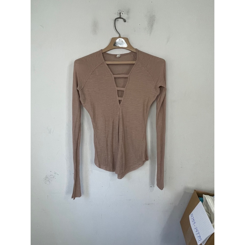 Intimately Free People Mauve Slub Knit Strappy V-Neck Long Sleeve Top XS